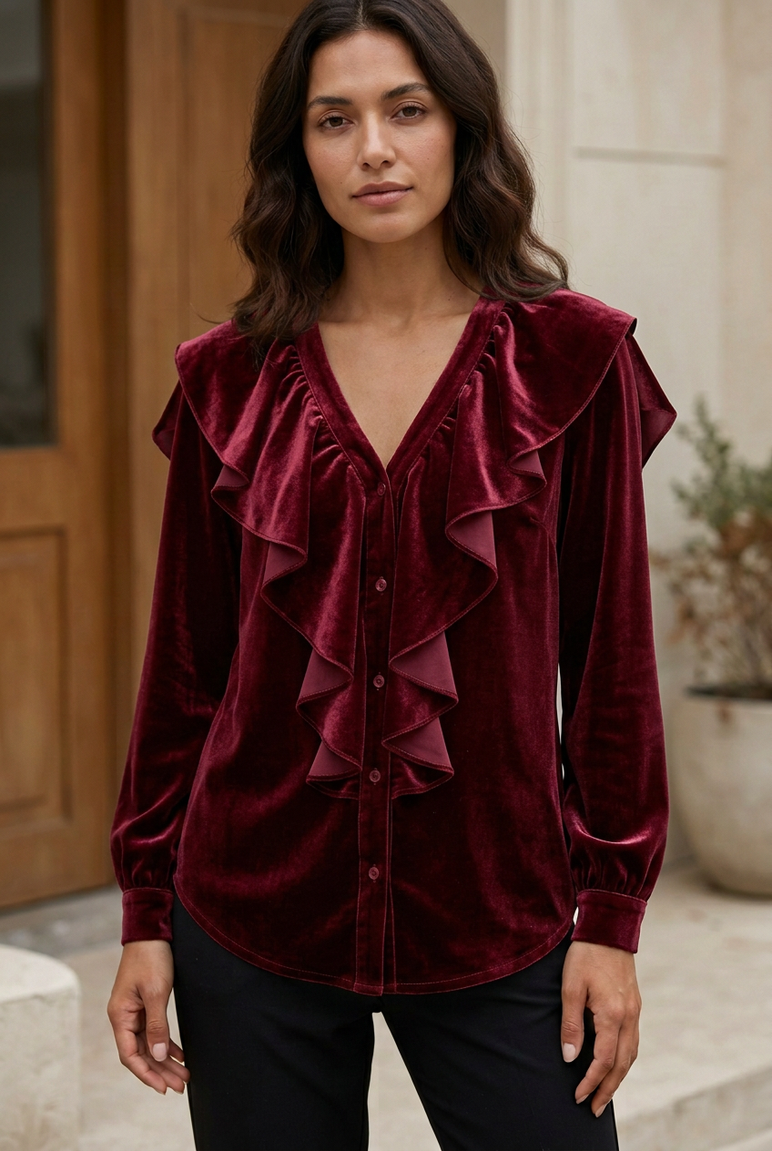 Fleur burgundy cascade-ruffle blouse on model