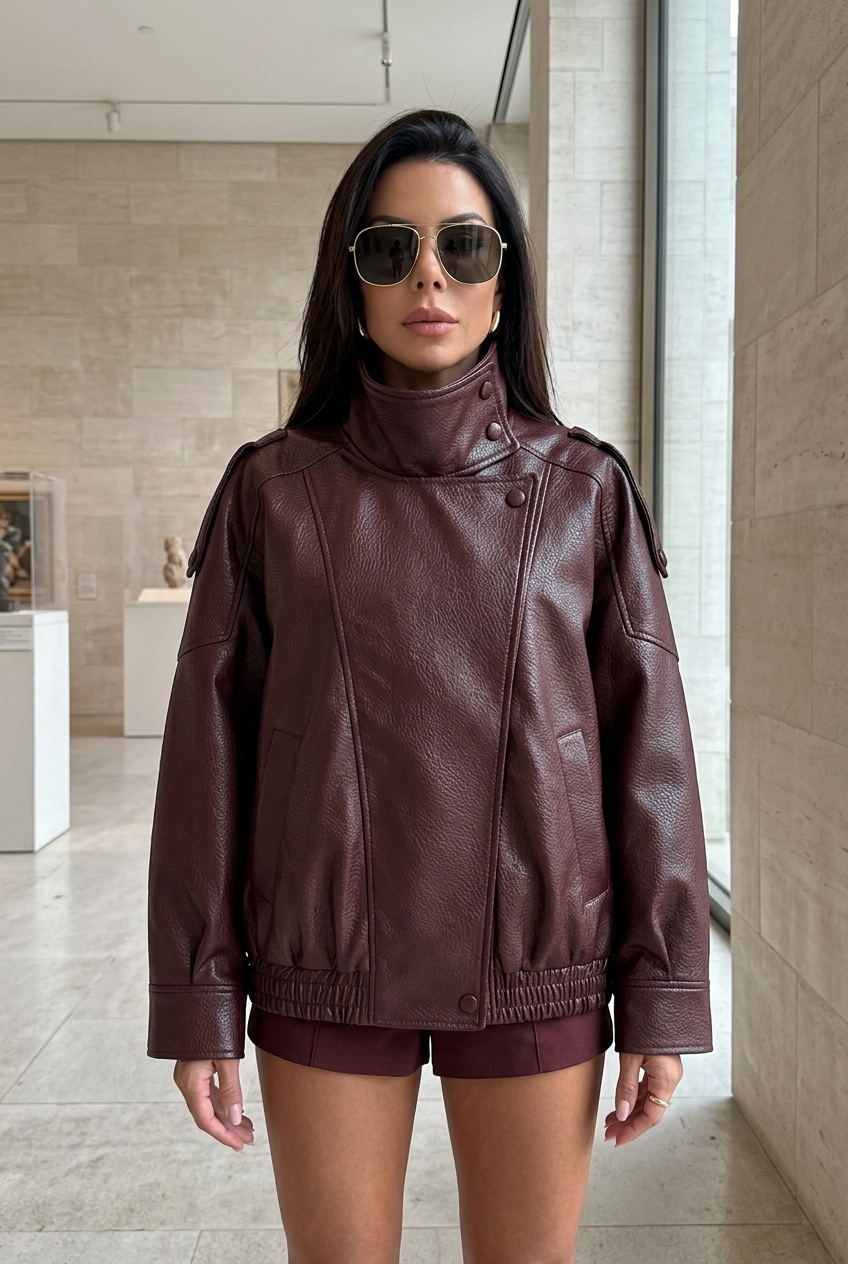 Nocturne burgundy bomber in a bright gallery