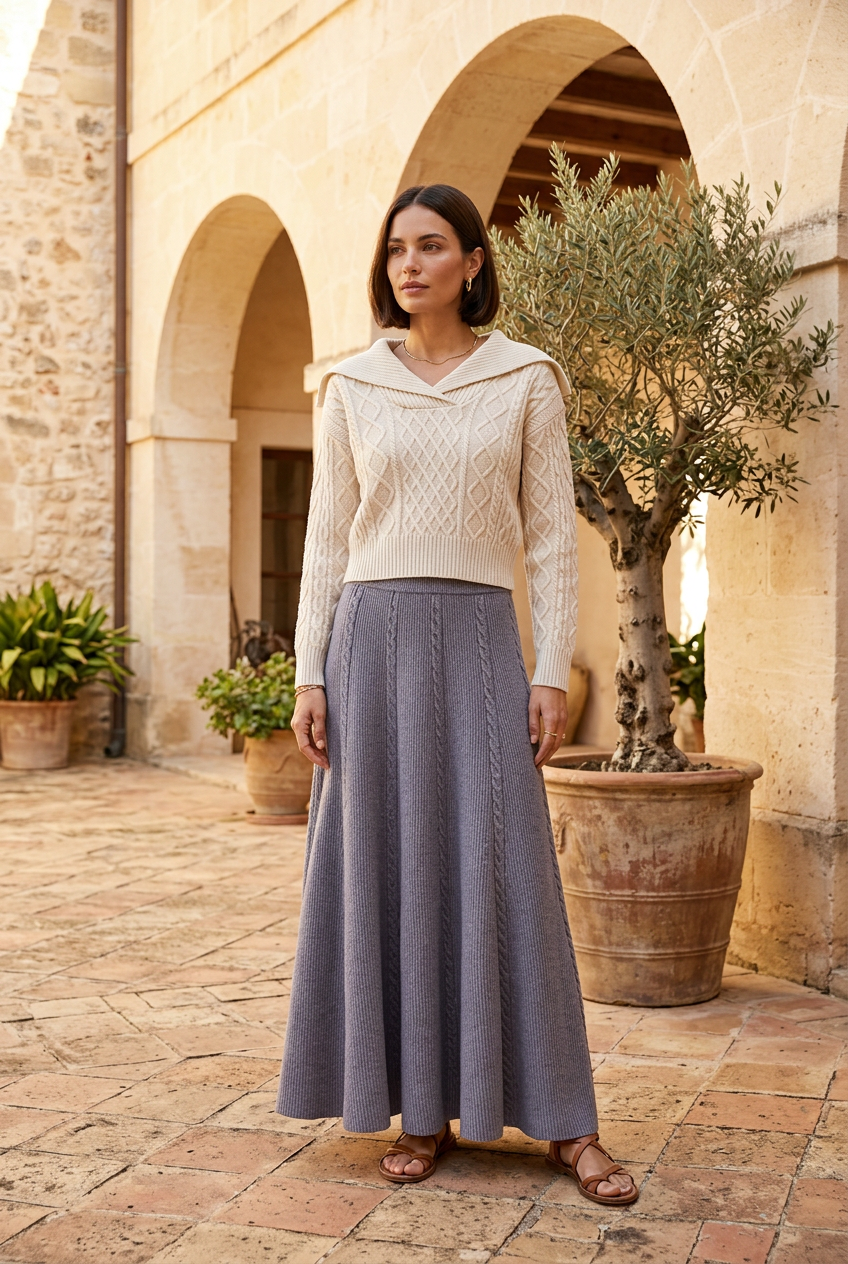 Beige sweater and grey skirt on model