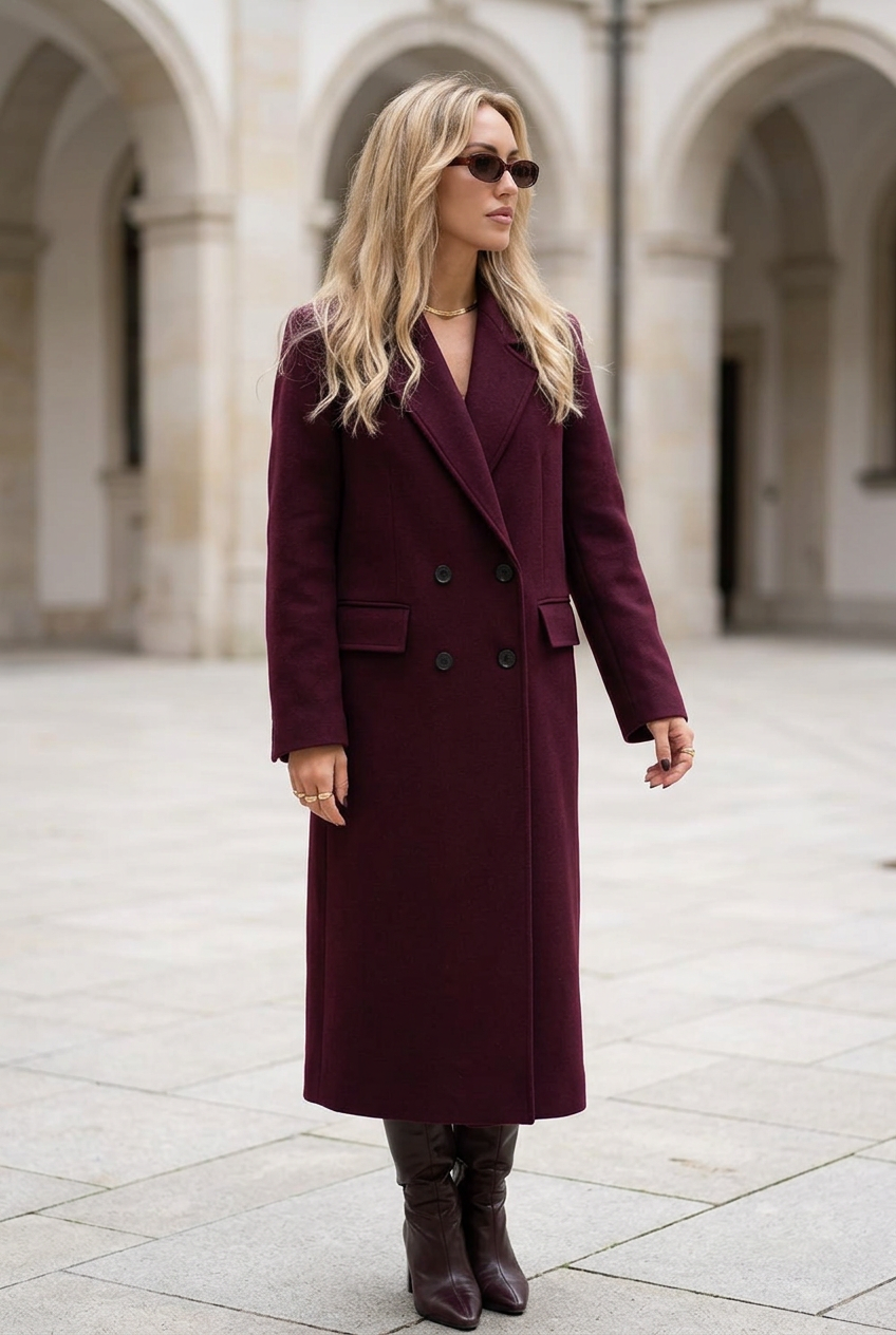 Bordeaux burgundy coat, three-quarter view in a stone courtyard