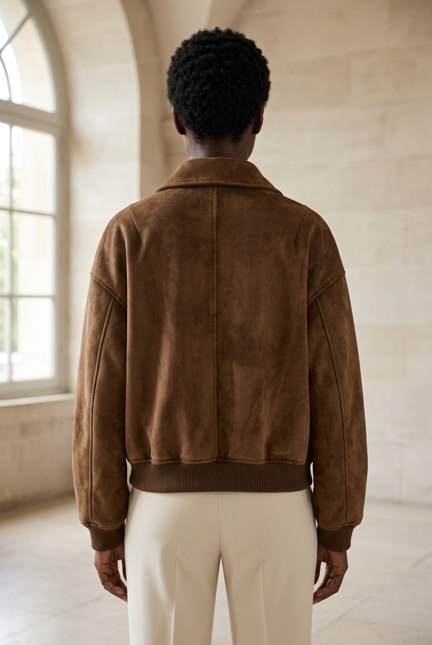 Velours brown suede-look jacket back view in a stone gallery