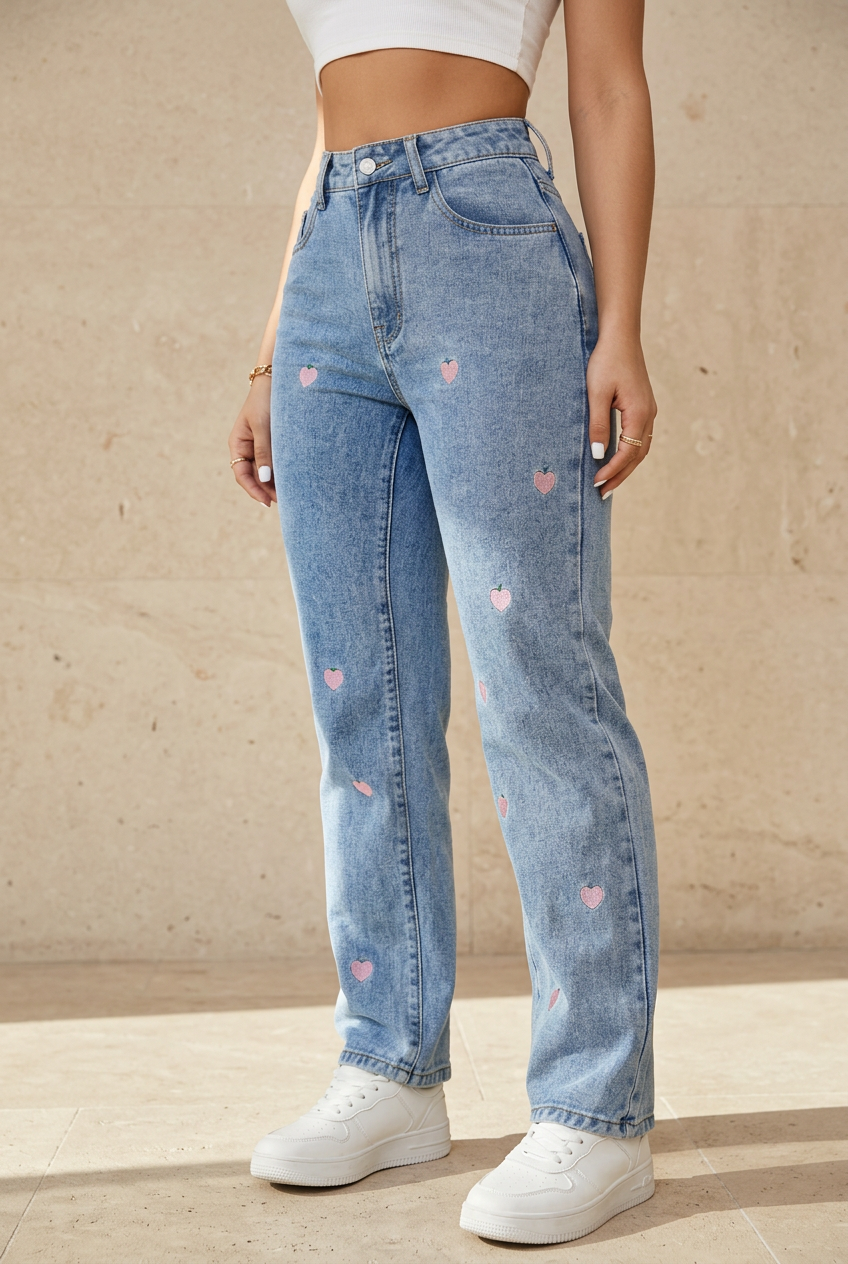 Embroidered blue jeans angled view against beige stone background